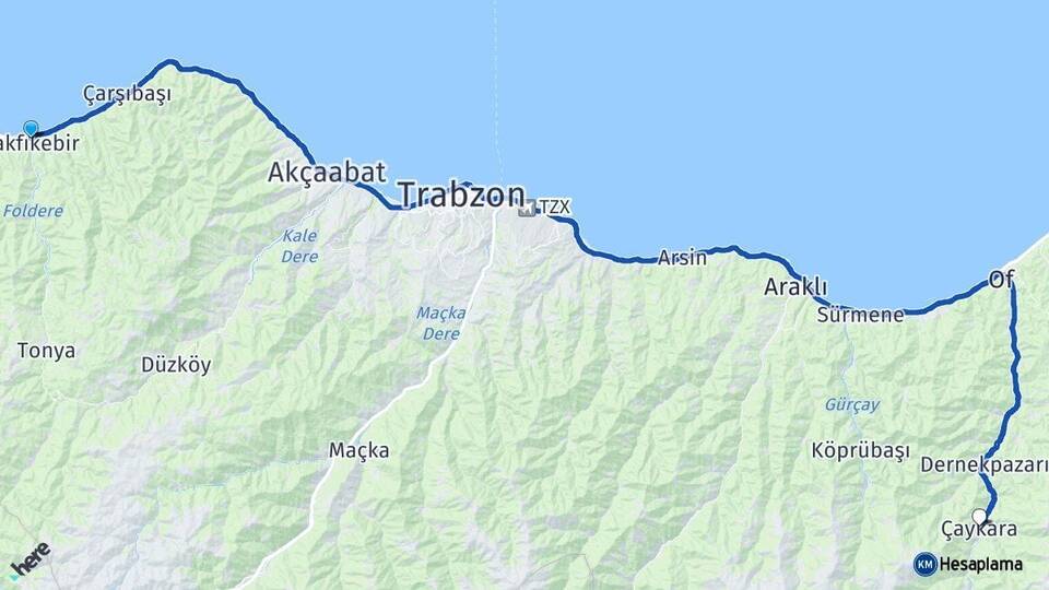 Trabzon Vakfıkebir Çaykara Arası Kaç Km - Yol Haritası