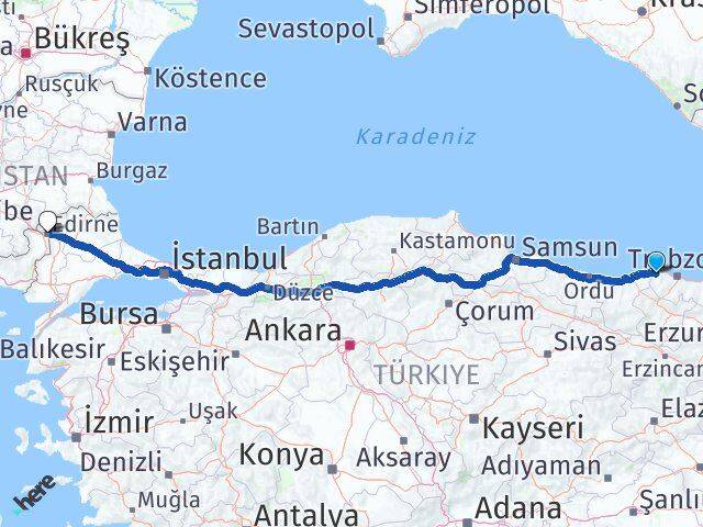 Trabzon Vakfıkebir Edirne Arası Kaç Km - Yol Haritası