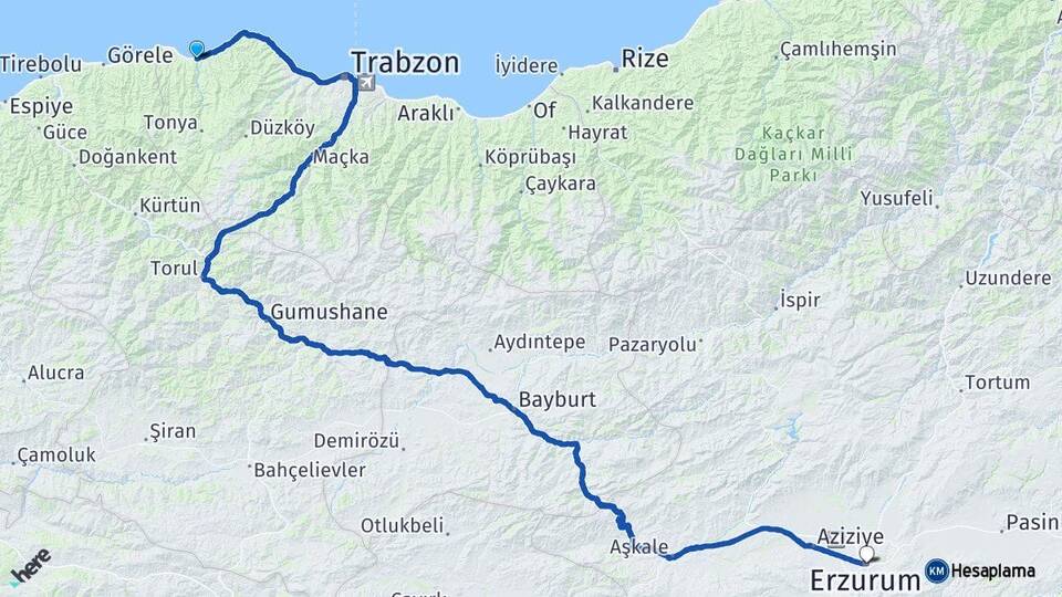 Trabzon Vakfıkebir Erzurum Arası Kaç Km - Yol Haritası