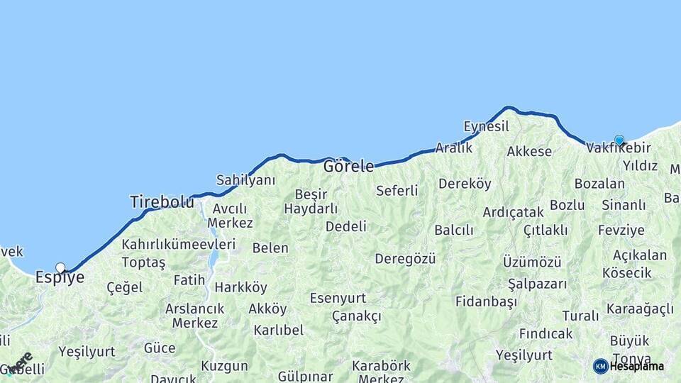 Trabzon Vakfıkebir Espiye Giresun Arası Kaç Km - Yol Haritası