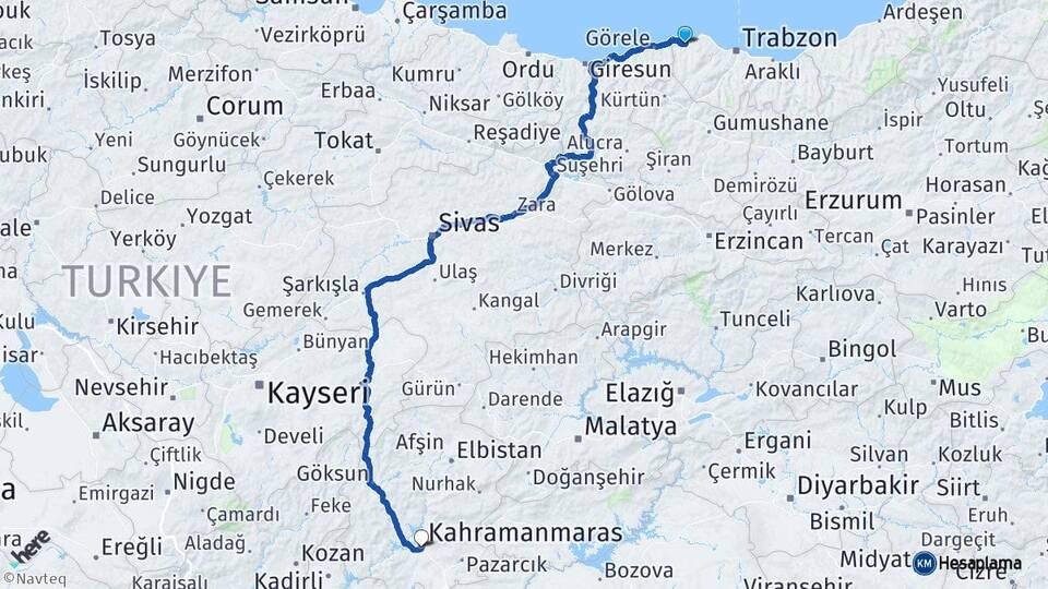 Trabzon Vakfıkebir Kahramanmaraş Arası Kaç Km - Yol Haritası