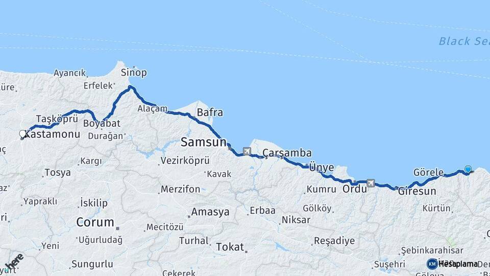 Trabzon Vakfıkebir Kastamonu Arası Kaç Km - Yol Haritası