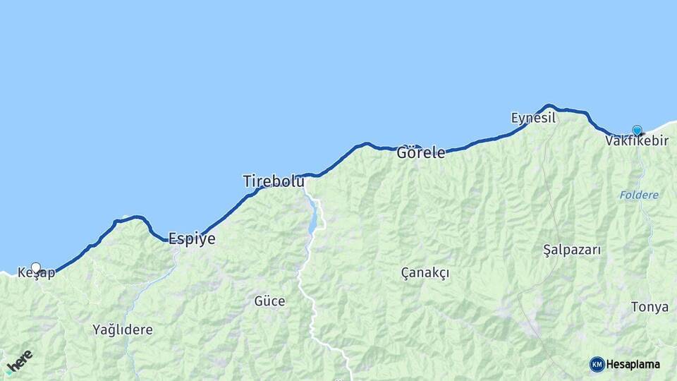 Trabzon Vakfıkebir Keşap Giresun Arası Kaç Km - Yol Haritası
