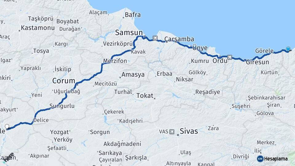 Trabzon Vakfıkebir Kırıkkale Arası Kaç Km - Yol Haritası