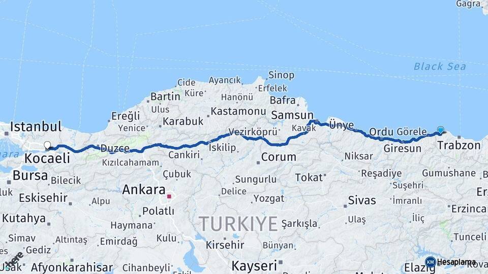 Trabzon Vakfıkebir Kocaeli Arası Kaç Km - Yol Haritası