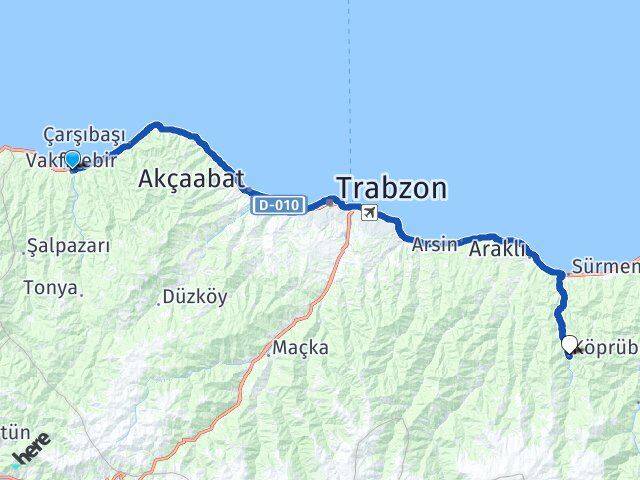 Trabzon Vakfıkebir Köprübaşı Arası Kaç Km - Yol Haritası