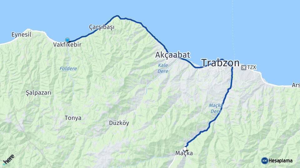 Trabzon Vakfıkebir Maçka Arası Kaç Km - Yol Haritası