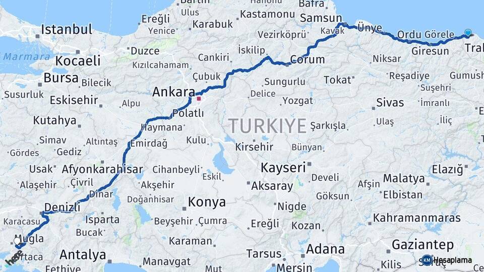 Trabzon Vakfıkebir Muğla Arası Kaç Km - Yol Haritası