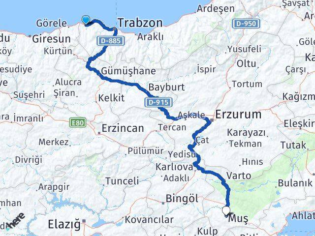 Trabzon Vakfıkebir Muş Arası Kaç Km - Yol Haritası