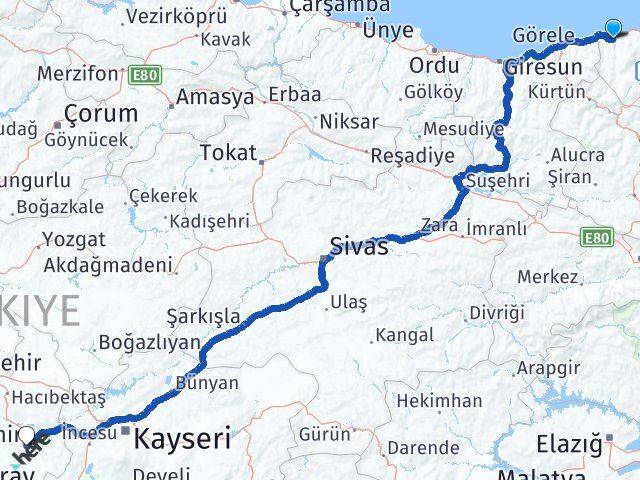 Trabzon Vakfıkebir Nevşehir Arası Kaç Km - Yol Haritası