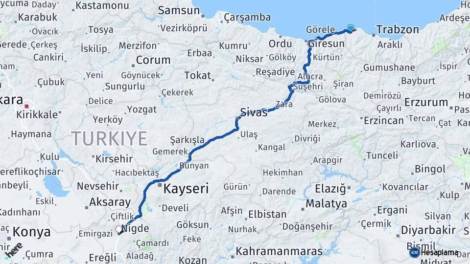 Trabzon Vakfıkebir Niğde Arası Kaç Km - Yol Haritası