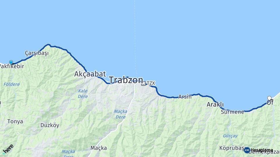 Trabzon Vakfıkebir Of Arası Kaç Km - Yol Haritası
