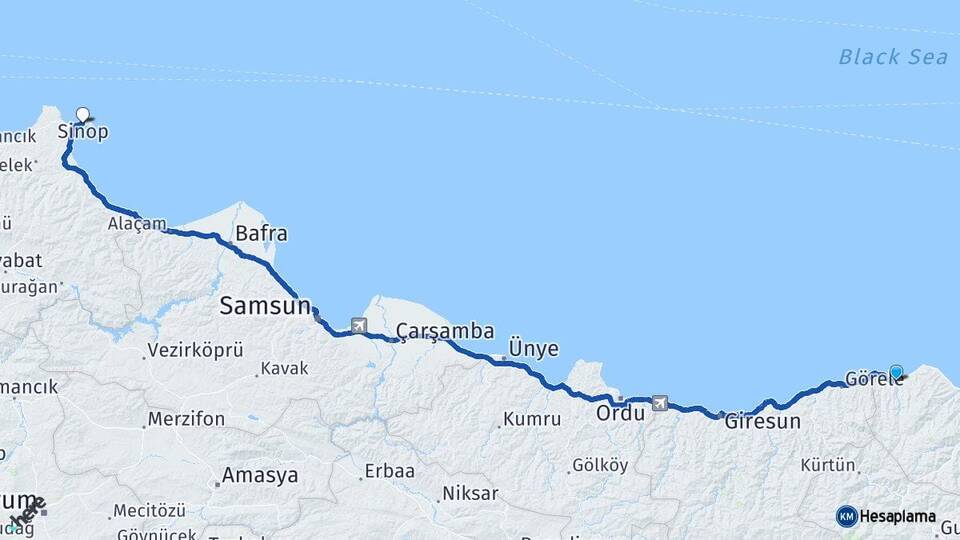 Trabzon Vakfıkebir Sinop Arası Kaç Km - Yol Haritası