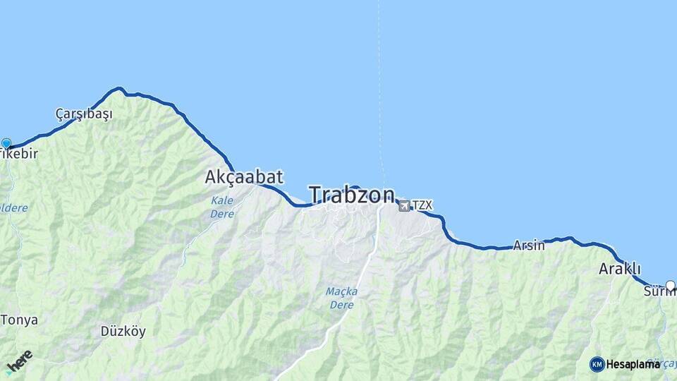 Trabzon Vakfıkebir Sürmene Arası Kaç Km - Yol Haritası