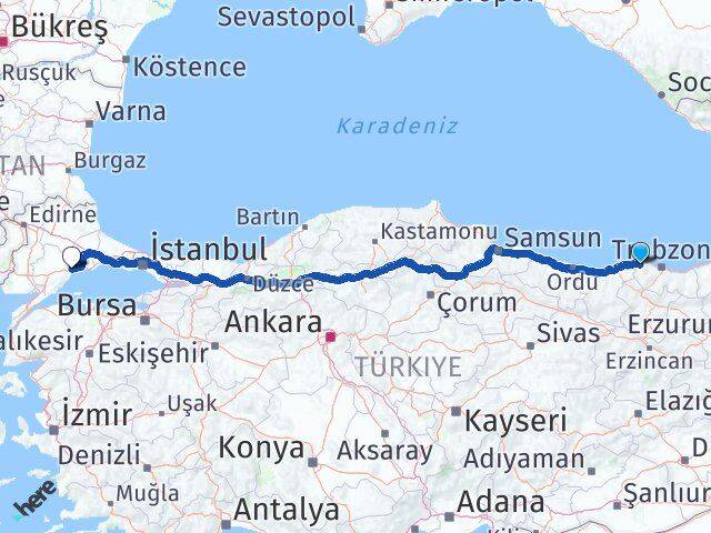 Trabzon Vakfıkebir Tekirdağ Arası Kaç Km - Yol Haritası