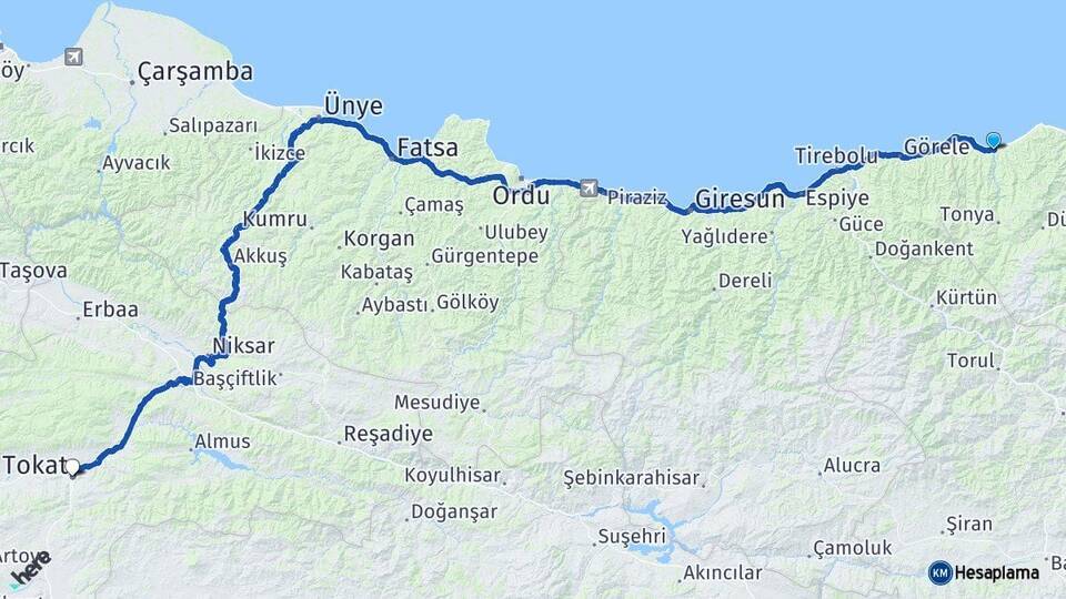 Trabzon Vakfıkebir Tokat Arası Kaç Km - Yol Haritası
