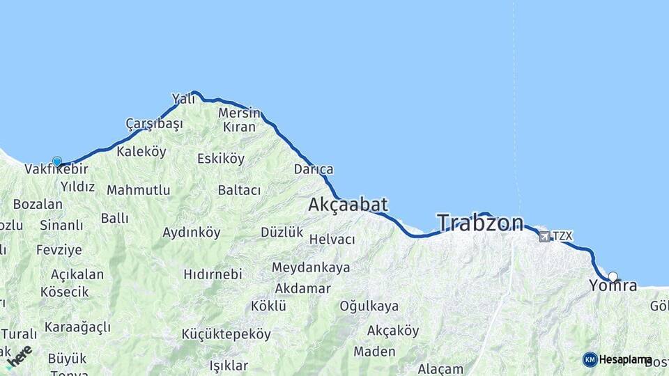 Trabzon Vakfıkebir Yomra Arası Kaç Km - Yol Haritası