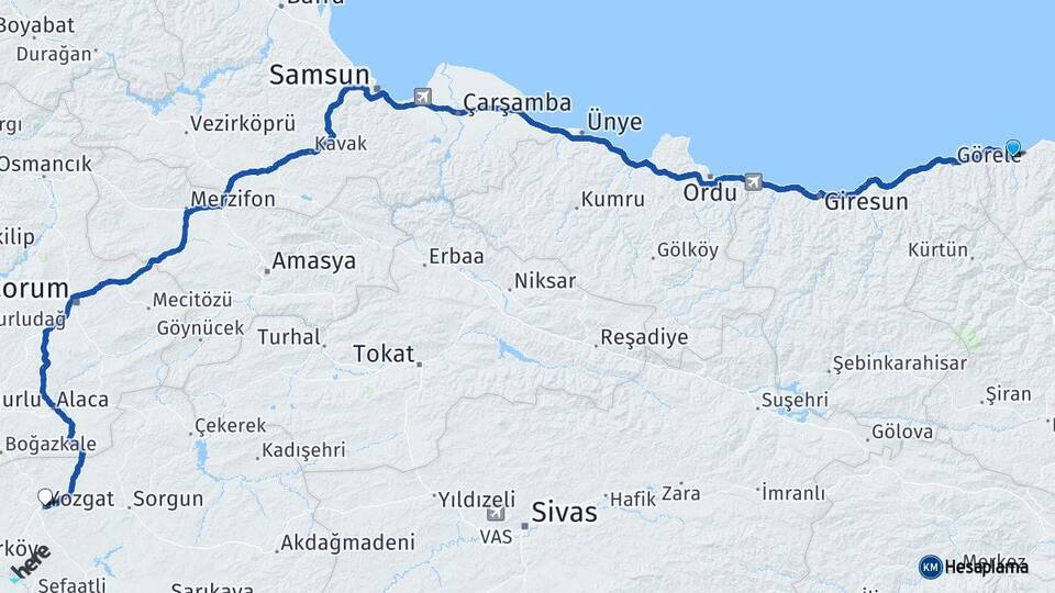 Trabzon Vakfıkebir Yozgat Arası Kaç Km - Yol Haritası