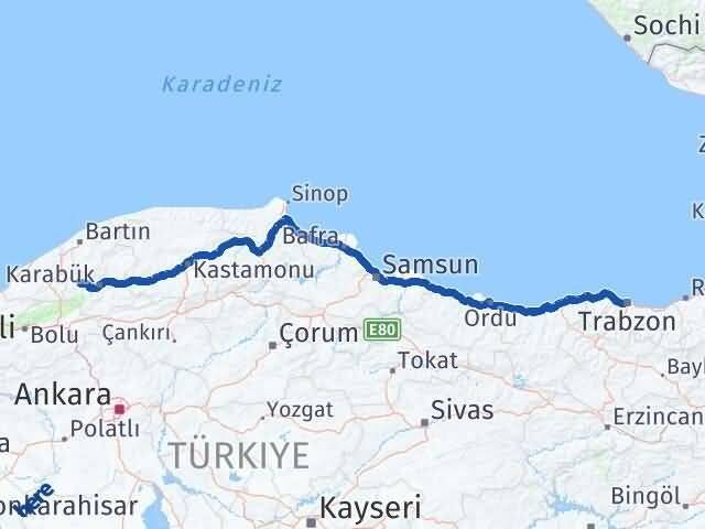 Trabzon Yenice Karabük Arası Kaç Km - Yol Haritası