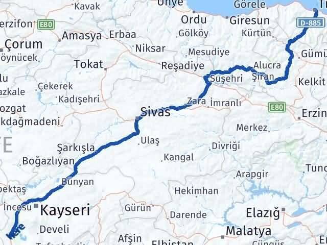 Trabzon Yeşilhisar Kayseri Arası Kaç Km - Yol Haritası