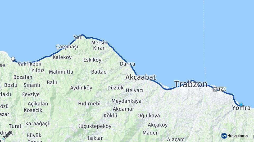 Trabzon Yomra Beşikdüzü Arası Kaç Km - Yol Haritası