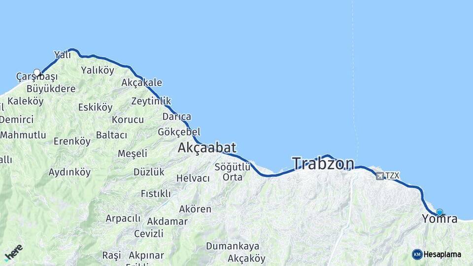 Trabzon Yomra Çarşıbaşı Arası Kaç Km - Yol Haritası