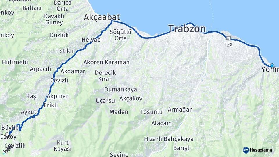 Trabzon Yomra Düzköy Arası Kaç Km - Yol Haritası