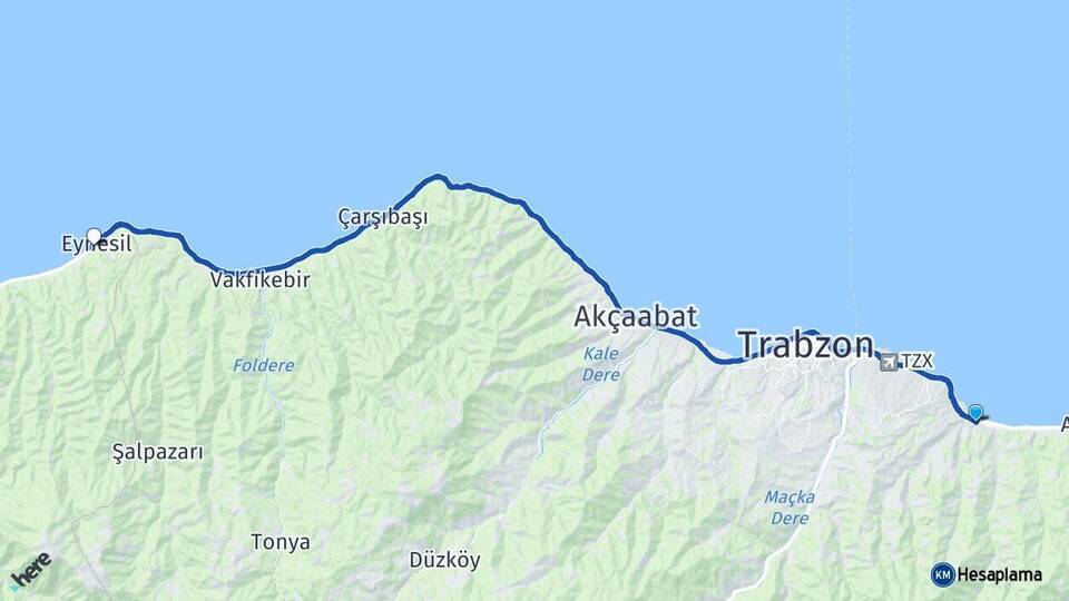 Trabzon Yomra Eynesil Giresun Arası Kaç Km - Yol Haritası