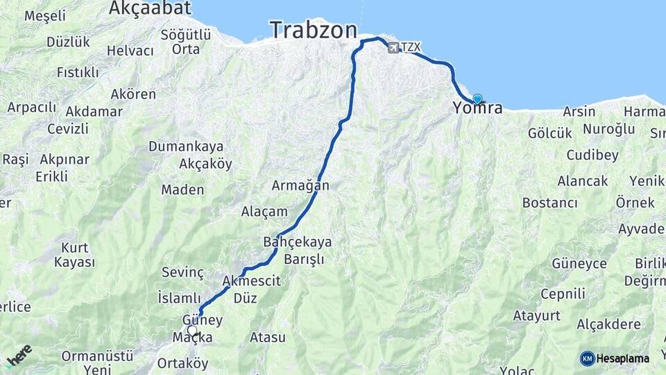 Trabzon Yomra Maçka Arası Kaç Km - Yol Haritası