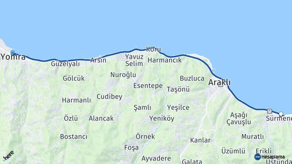 Trabzon Yomra Sürmene Arası Kaç Km - Yol Haritası