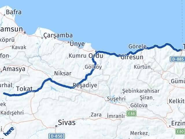 Trabzon Zile Tokat Arası Kaç Km - Yol Haritası