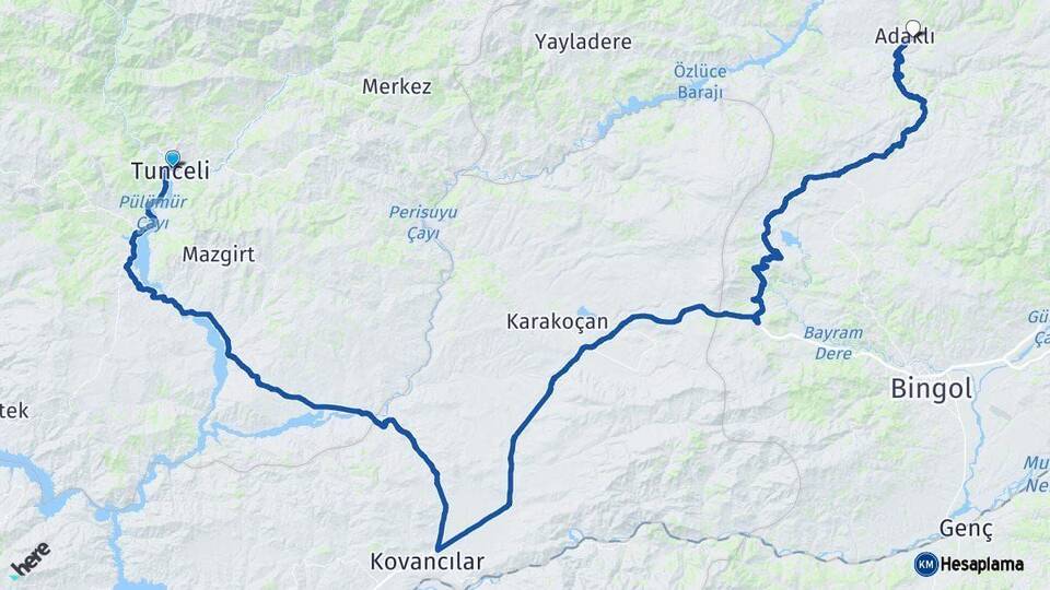 Tunceli Adaklı Bingöl Arası Kaç Km - Yol Haritası