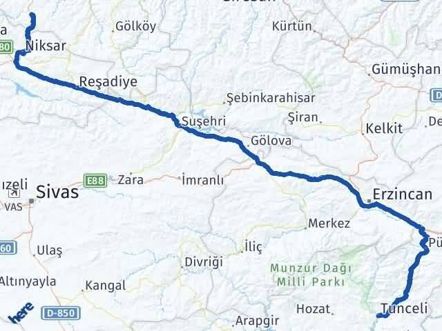 Tunceli Akkuş Ordu Arası Kaç Km - Yol Haritası