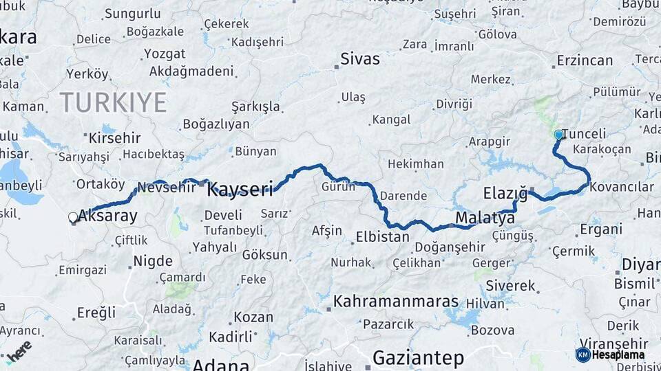 Tunceli Aksaray Arası Kaç Km - Yol Haritası