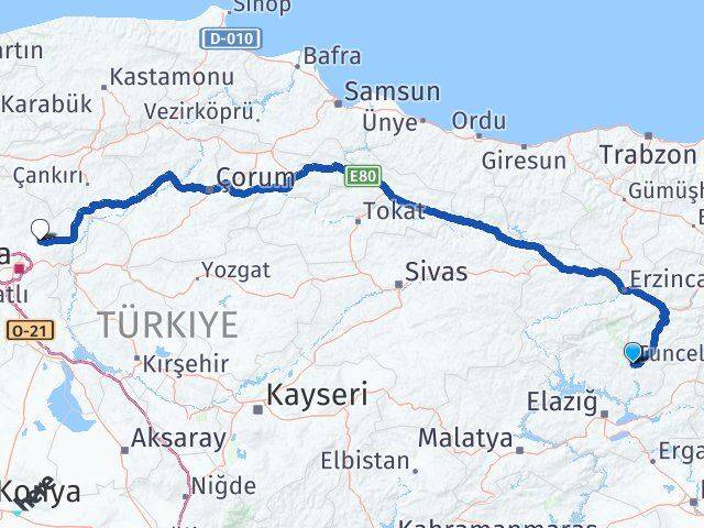 Tunceli Akyurt Ankara Arası Kaç Km - Yol Haritası