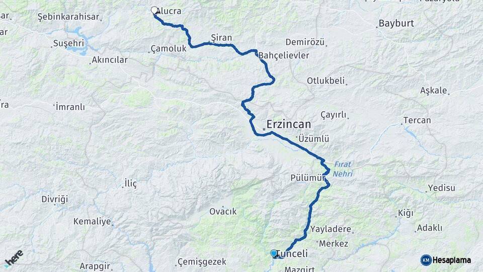 Tunceli Alucra Giresun Arası Kaç Km - Yol Haritası