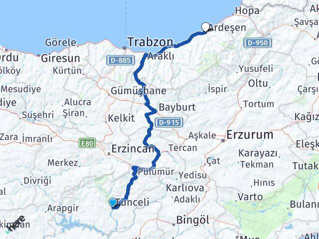 Tunceli Ardeşen Rize Arası Kaç Km - Yol Haritası