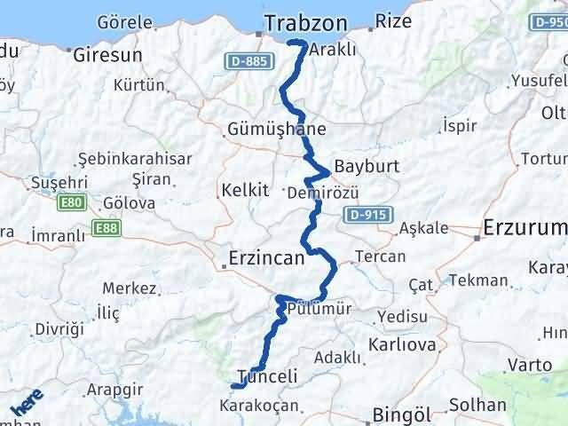 Tunceli Arsin Trabzon Arası Kaç Km - Yol Haritası