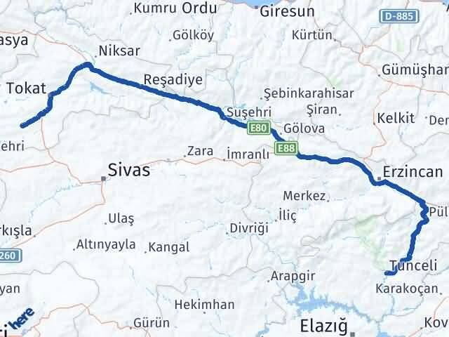 Tunceli Artova Tokat Arası Kaç Km - Yol Haritası