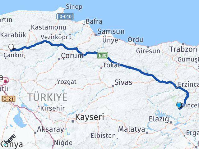 Tunceli Atkaracalar Çankırı Arası Kaç Km - Yol Haritası