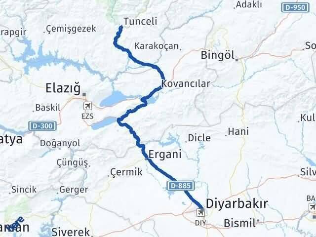 Tunceli Bağlar Diyarbakır Arası Kaç Km - Yol Haritası