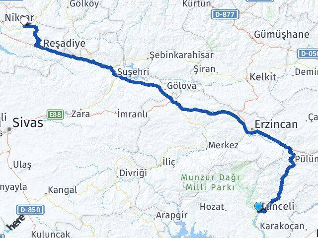 Tunceli Başçiftlik Tokat Arası Kaç Km - Yol Haritası