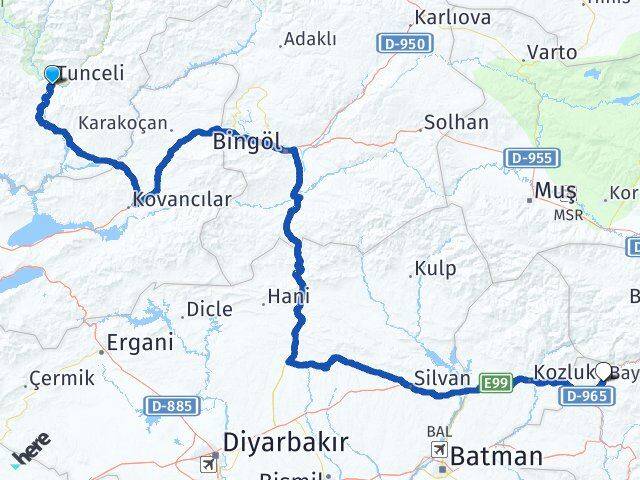 Tunceli Baykan Siirt Arası Kaç Km - Yol Haritası