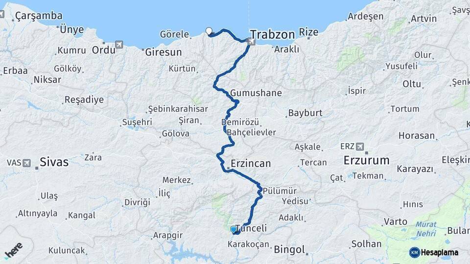 Tunceli Beşikdüzü Trabzon Arası Kaç Km - Yol Haritası