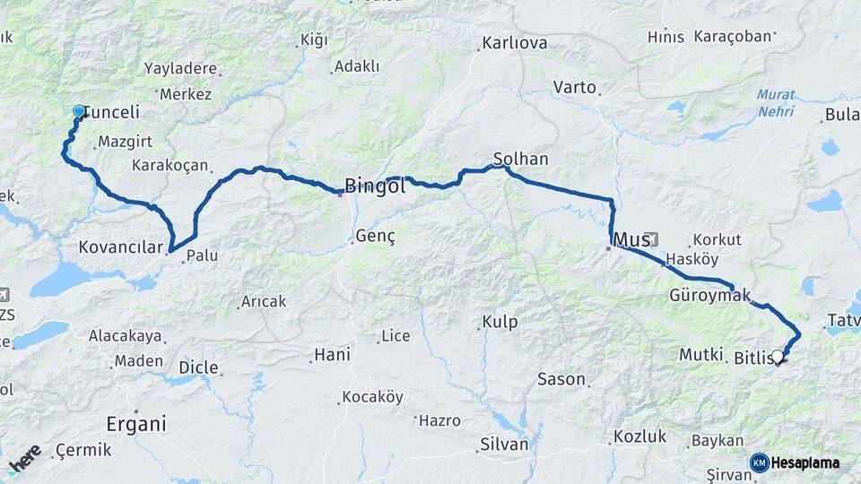 Tunceli Bitlis Arası Kaç Km - Yol Haritası