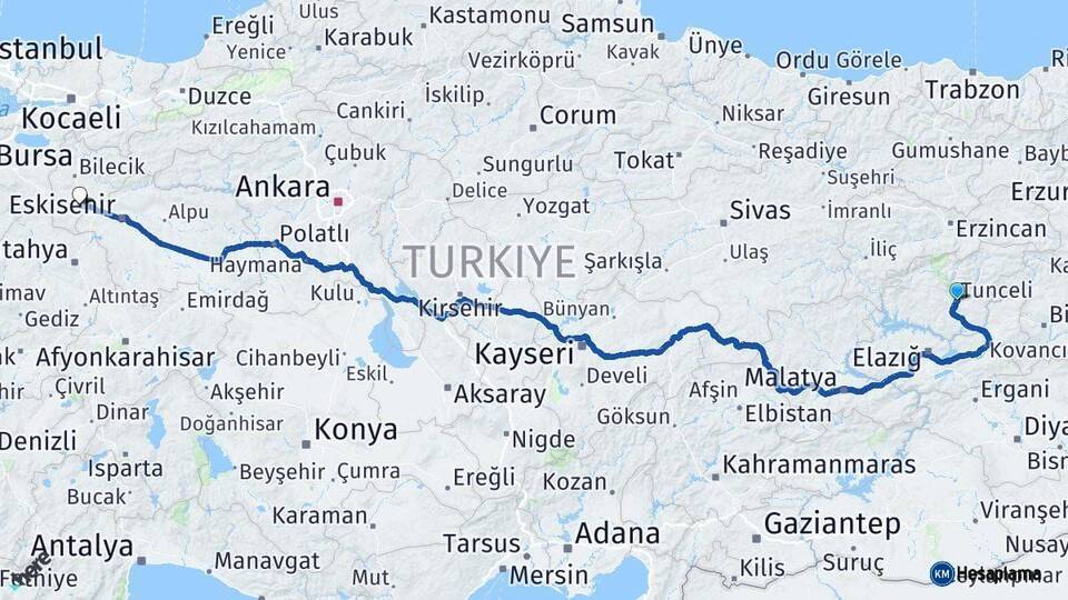 Tunceli Bozüyük Bilecik Arası Kaç Km - Yol Haritası