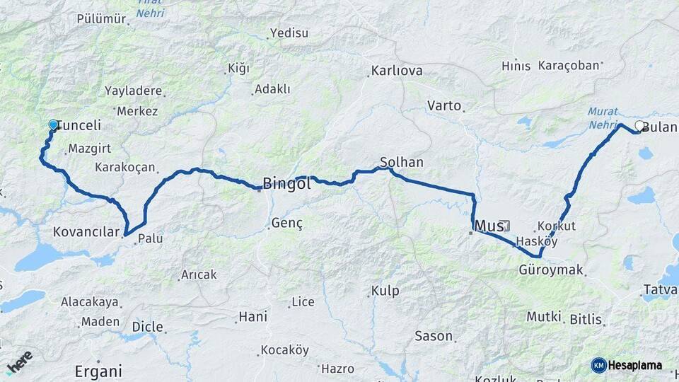 Tunceli Bulanık Muş Arası Kaç Km - Yol Haritası