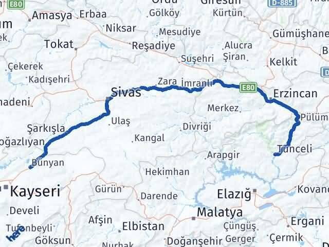 Tunceli Bünyan Kayseri Arası Kaç Km - Yol Haritası