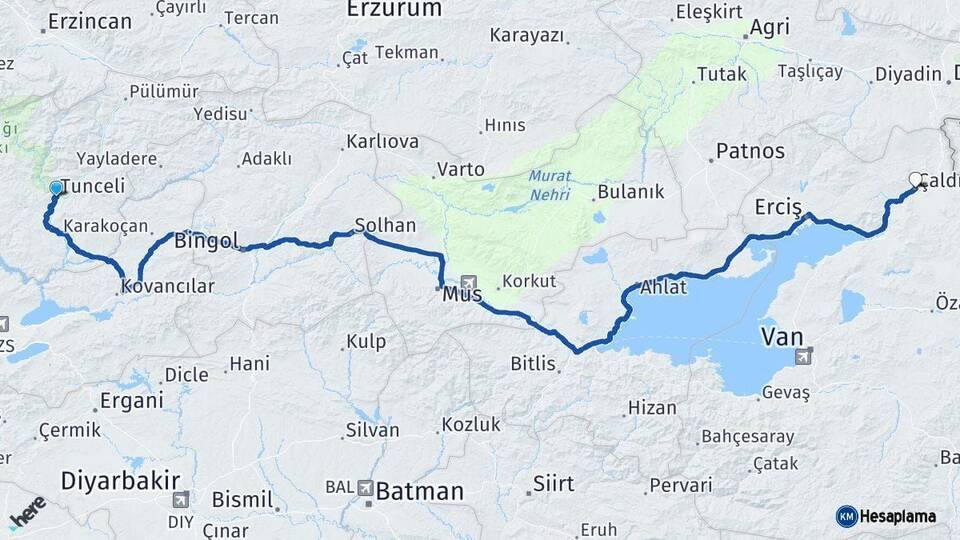 Tunceli Çaldıran Van Arası Kaç Km - Yol Haritası