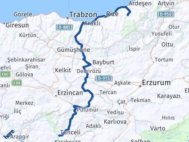 Tunceli Çamlıhemşin Rize Arası Kaç Km - Yol Haritası